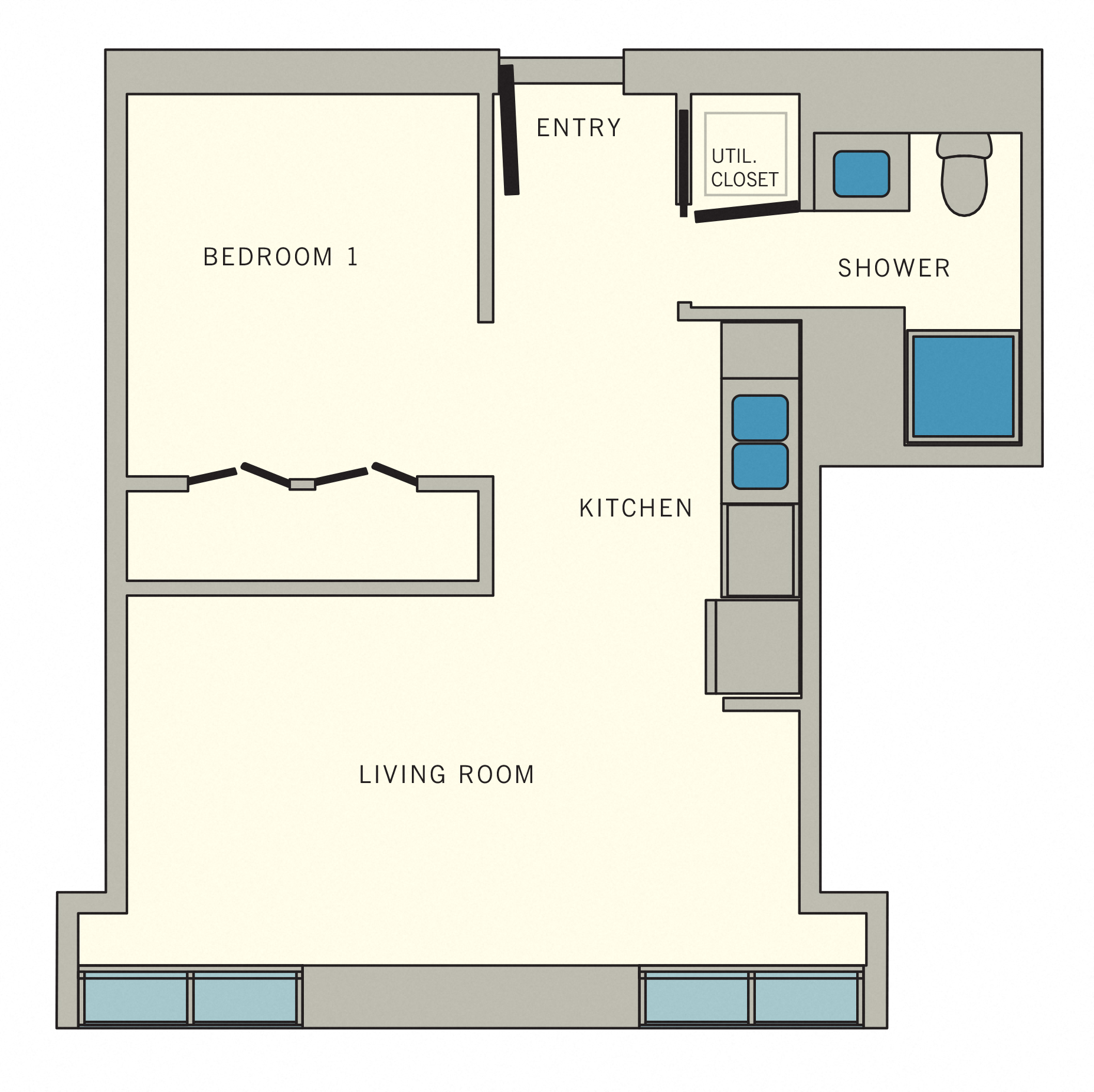 Floor plan for studio, 1 bath, 523 sqft